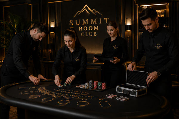 Zespół SummitRoomClub przygotowuje stoły i akcesoria przed rozpoczęciem eleganckiego wydarzenia
