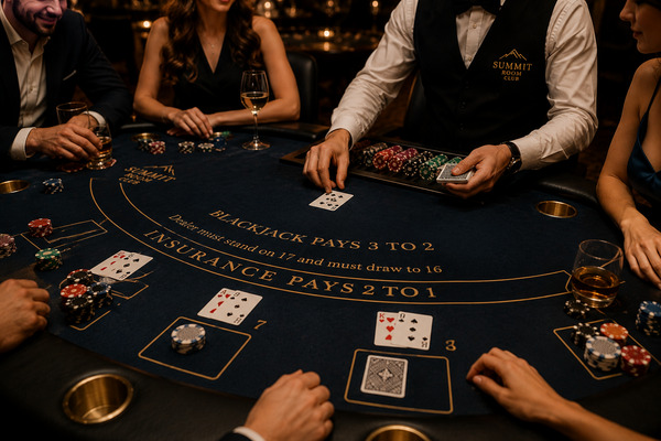 Prowadzący rozdaje karty przy stole do blackjacka podczas eleganckiego eventu SummitRoomClub