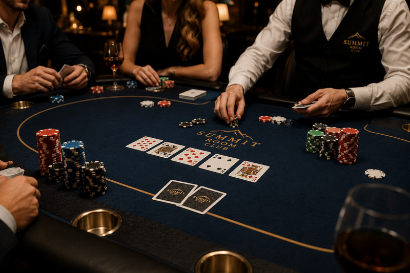 Elegancki stół pokerowy przygotowany na event SummitRoomClub, karty i żetony ułożone na ciemnym suknie